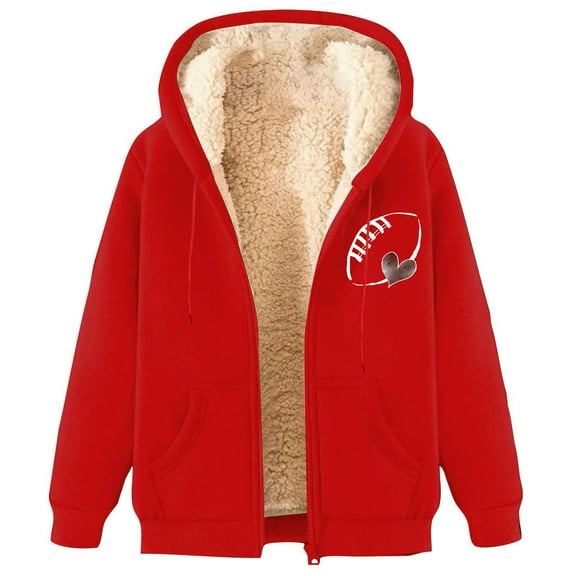 VEKDONE Game Day Sweatshirt Coat for Women Sherpa Lined Hoodie Jacket Full Zip Up Football Print Sweatshirts Jackets Fall Winter Warm Hooded Coat with Pockets