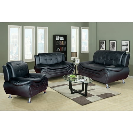 - Frady 3 pc Black Faux Leather Moder Living Room Sofa set