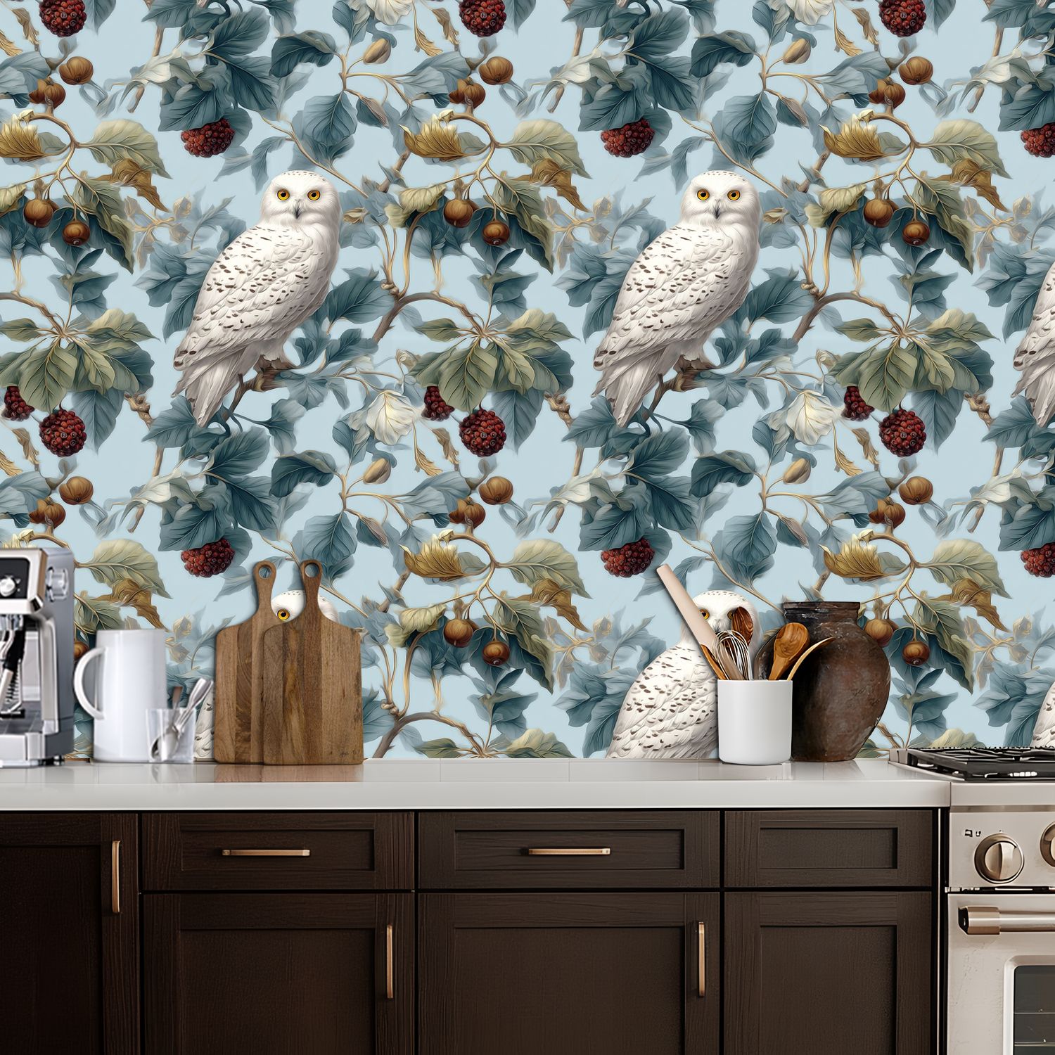 Peel and Stick Wallpaper Snowy Owl perched among foliage vibrant berries Wall Mural 17.7in x 9.8ft Self Adhesive Removable Wall Paper Renter Friendly Wallpaper for Nursery Bedroom Cabinets