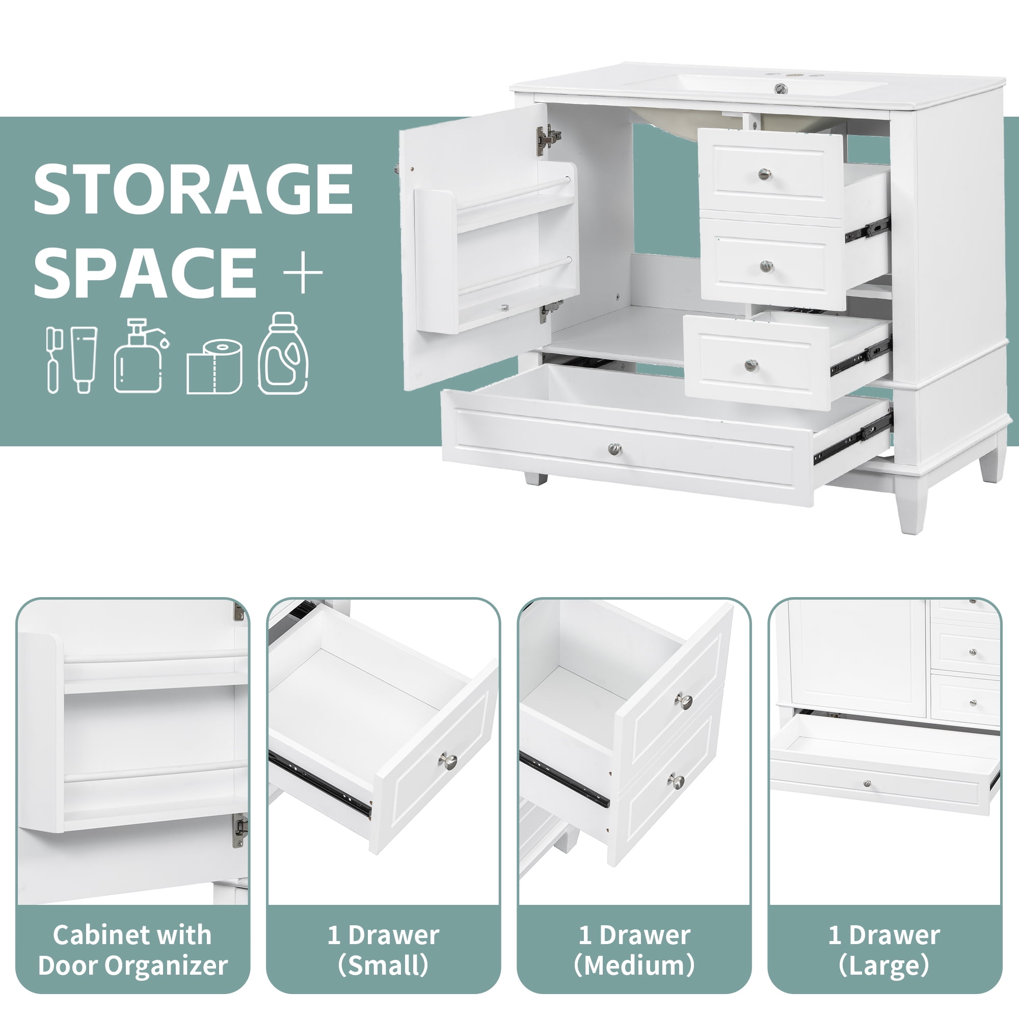Harper & Bright Designs 36" Bathroom Vanity with Ceramic Sink, Free Standing Single Basin Vanity Set with 3 Drawers & Cabinet with Shelves, Bathroom Sink Storage Cabinet, White