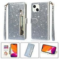 iPhone 13 Wallet Case for Women/Girls,Dteck Bling Glitter Sparkly Girly Folio Leather Zipper Pocket Magnet Clasp Phone Case with 3 Card Holder,Strap and Stand for iPhone 13 6.1 Inch,Silver