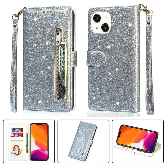 Ancove for iPhone 13 Wallet Case with Card Holder & Strap,Glitter Bling PU Leather Shockproof Magnetic Kickstand Zipper Pocket Flip Case Cover for Apple iPhone 13,Silver