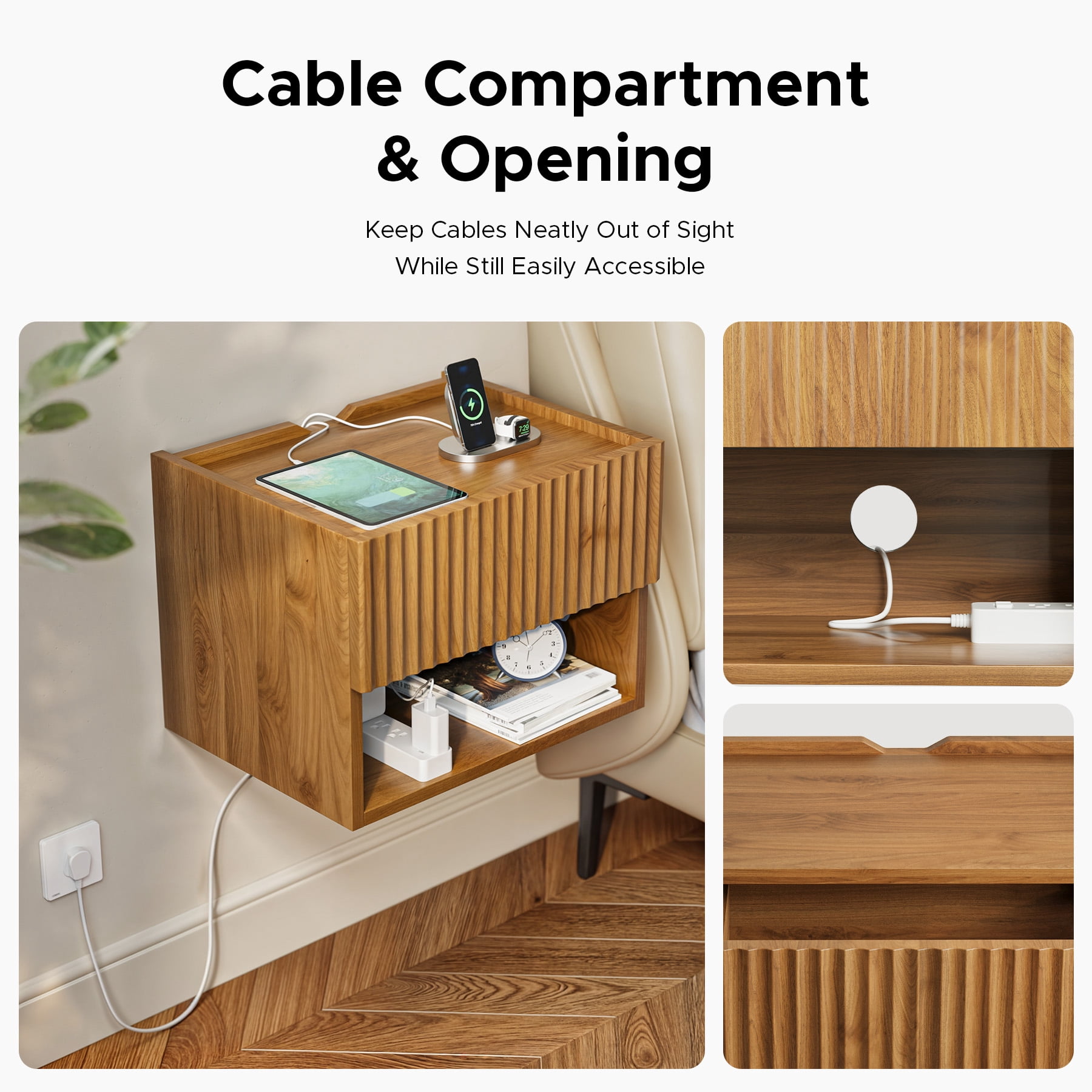 Wood Wall-Mounted Nightstand Set of 2 with Drawer - Space-Saving Floating Bedside Table for Bedroom, Living Room, Hallway or Entryway, Brown