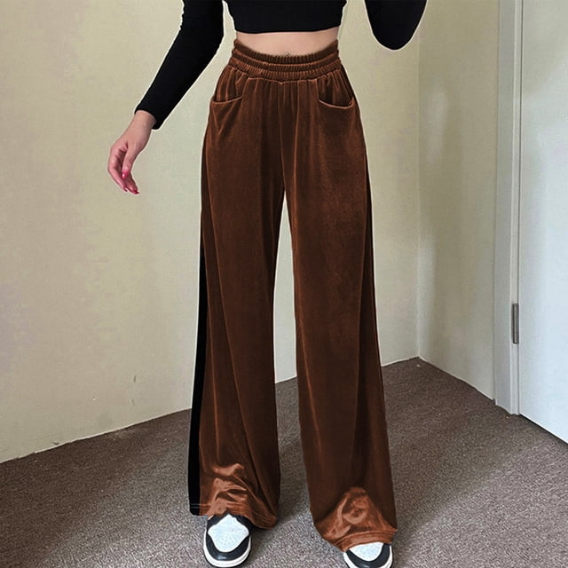 Simua Pantalon Palazzo Long Grand Ample en Velours à Taille Haute Élastique pour Femme Mode