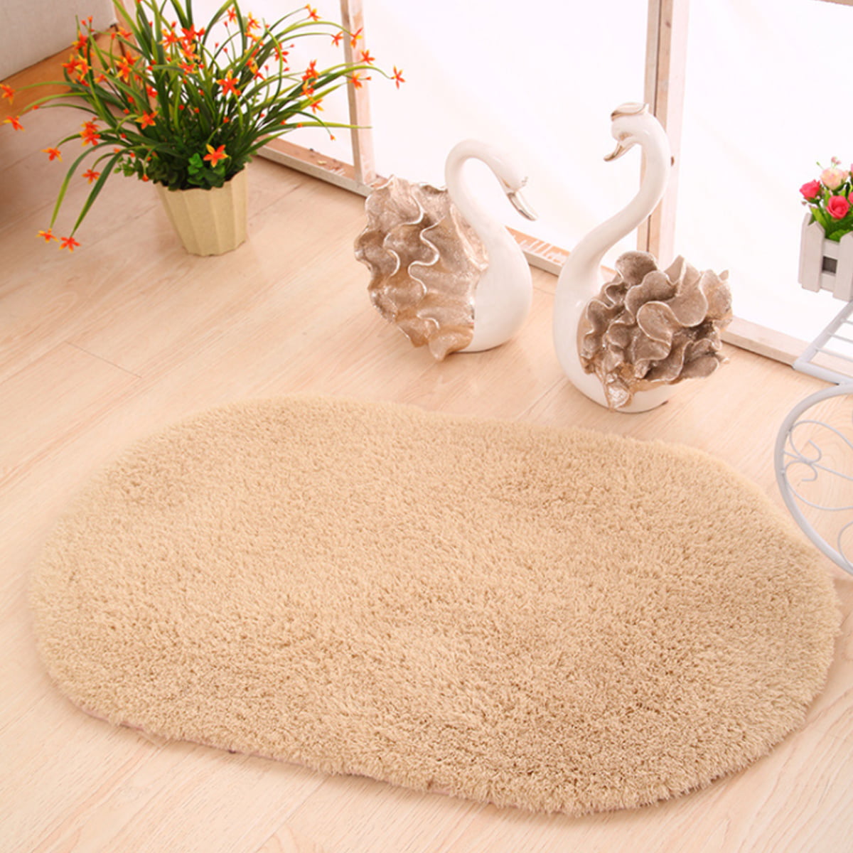Inyahome Oval Cute Relax Bathroom Mat Soft Flocking Shaggy And