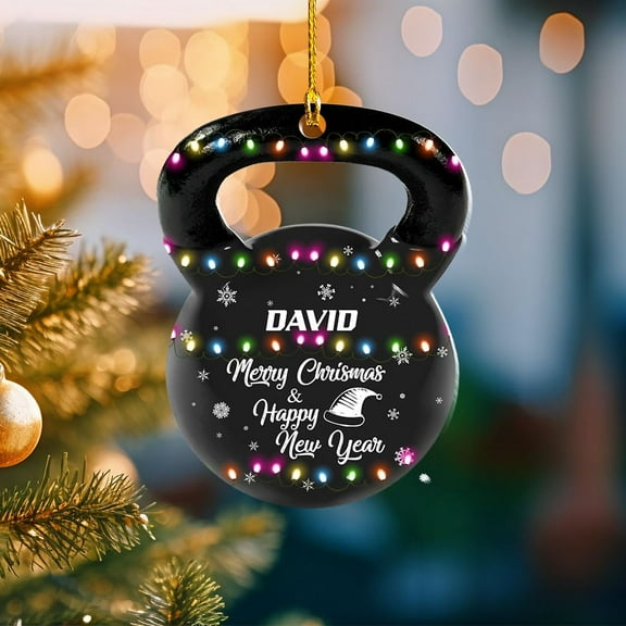 Personalized Dumbbell Ornament, Fitness Gift for Gym Workout Trainer Coach Instructor, Barbell Weight Plates Custom Ornament for Weightlifter, Weightlifting Ornament (D2) (Black)