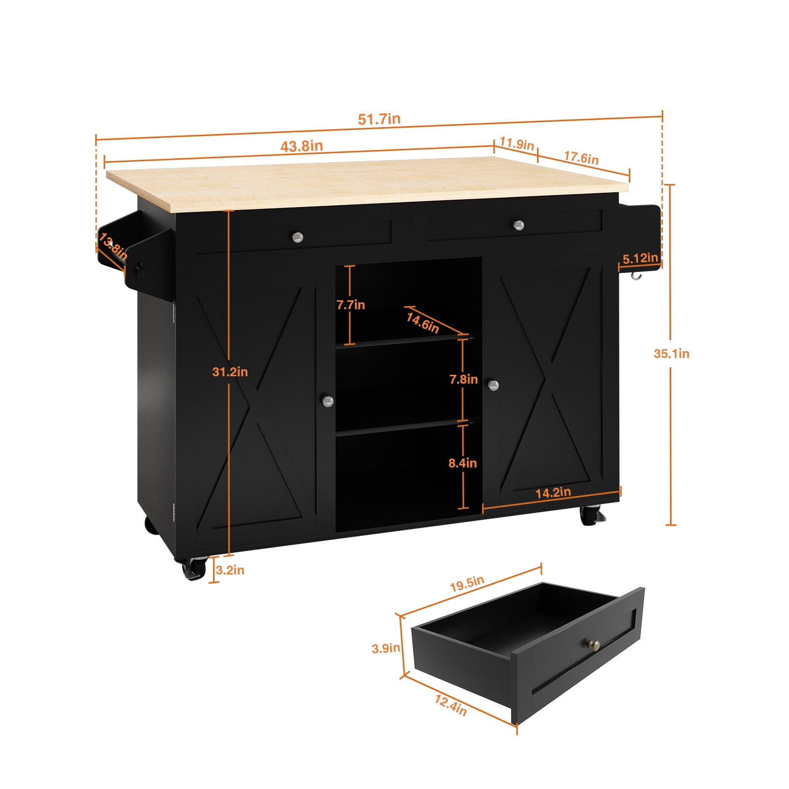 "HLR Black Large Rolling Kitchen Island with Wheels and Storage, 51.7"" W Countertop"