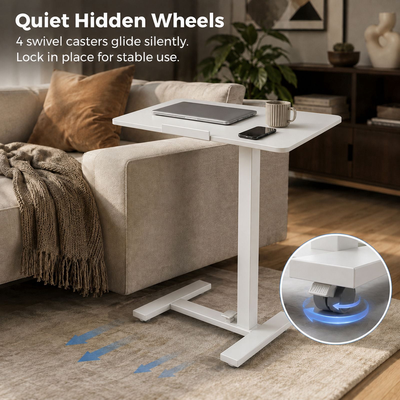 Alvantor Adjustable Bedside Table with Wheels, Overbed Table Portable Standing Cart & Laptop Desk with Adjustable Height and Inclination, Suitable for Bed, Couch, Wheelchair