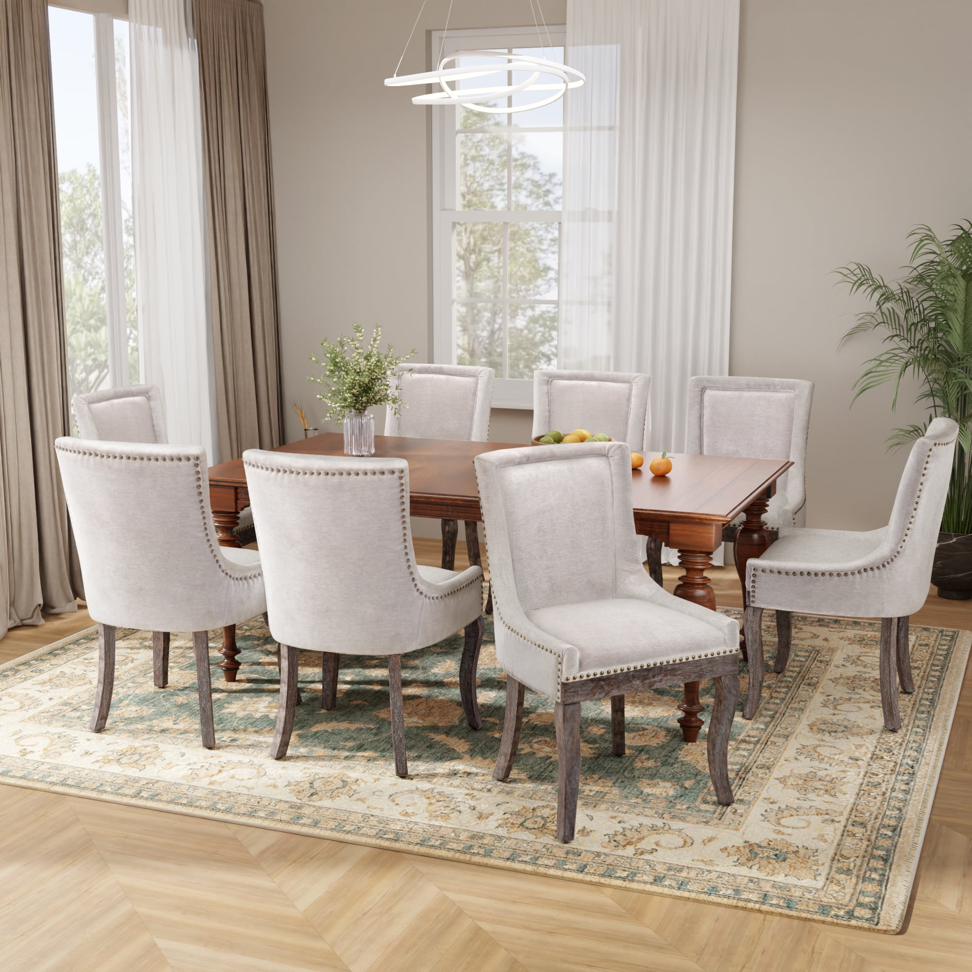 DONICK Vintage Fabric Upholstered Dining Chairs,Solid Wood Kitchen Dining Room Chairs with Nailheads Solid Wood Legs (Beige,Set of 4)