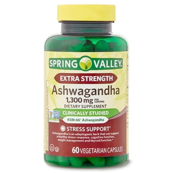 Spring Valley Extra Strength Ashwagandha Dietary Supplement, 1300 mg, 60 Vegetarian s