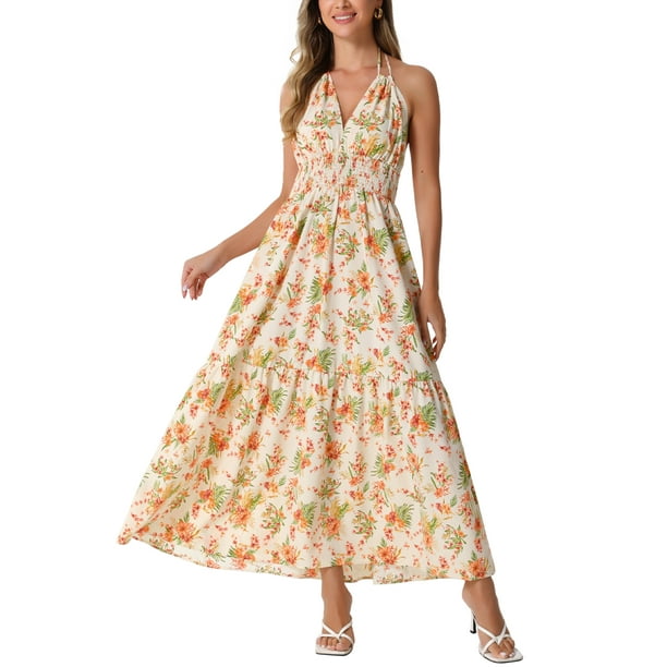 Vestido Boho de Cuello Halter INSPIRE CHIC para Mujeres, Vestido Maxi Floral Sin Mangas con Cintura Elástica, Vestido de Verano Color Albaricoque XL