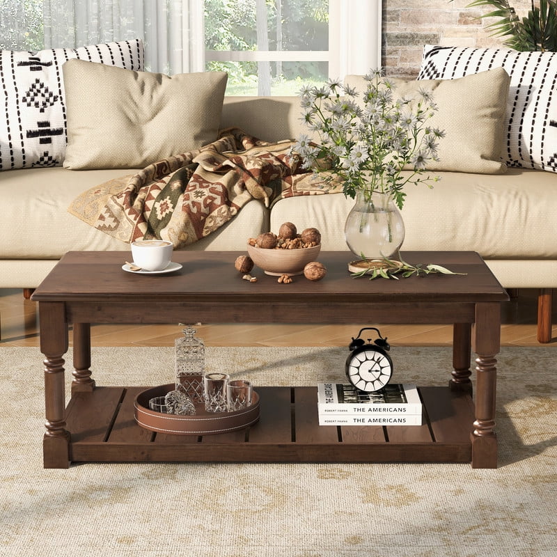 Vintage Rectangular Center Coffee Table with Sculptural Spindle Solid Wood Legs, 2-Tier Traditional Wooden Cocktail End Table