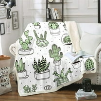 Cartoon Cactus Printed Fleece Sherpa Blanket Boho Succulent Blanket Green Plants Throw Blanket for Bed Couch Chair Exotic Natural Theme Fuzzy Blanket Comfort Room Decor Reversible Throw 50"x60"
