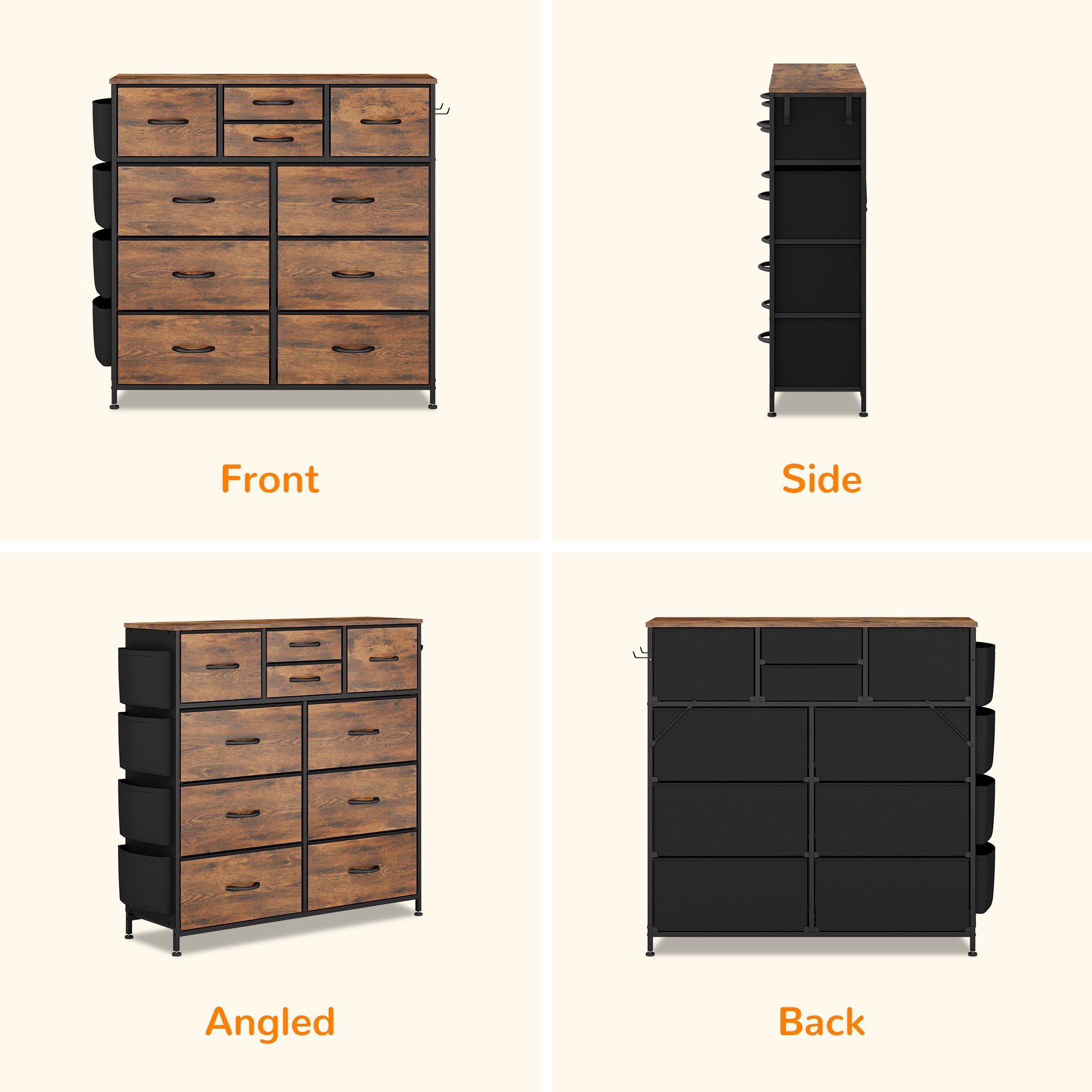 LainTene 10 Drawer Dresser, Fabric Dressers for Bedroom, Modern Storage Chest of Drawer with Side Pockets for Home Entryway, Guest Room, Small Spaces, Rustic Brown