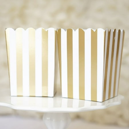 Striped Favor Box - Gold and White Stripes Popcorn Favor Boxes Gift Boxes- Set of 10