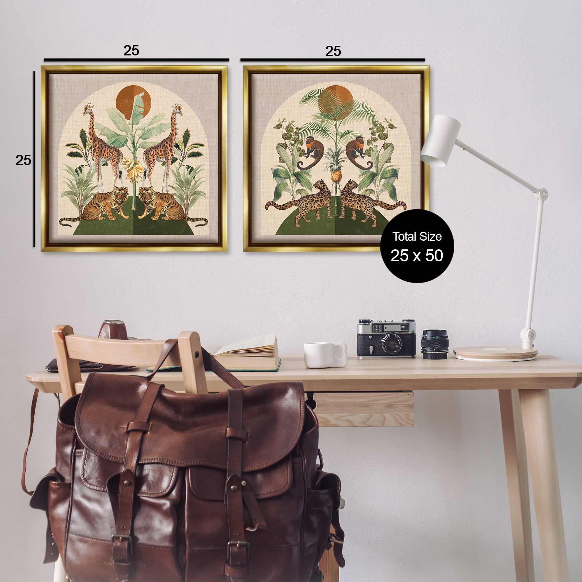 Stupell Industries Jungle Animals Foliage Illustration Animals Painting Gold Floater Framed Canvas Art Print Wall Art, 25 x 25, Set of 2