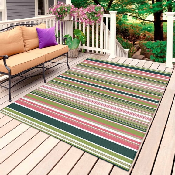 Colorful Striped Outdoor Rug 4x6 Ft, Non Slip Washable Area Rug, Sage Green Pink White Vertical Lines Patio Rugs Carpet Runner, Large Floor Mat for Indoor/Outdoor Deck Porch Camping