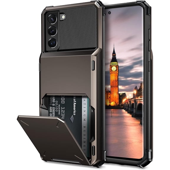 for Samsung Galaxy S21 FE 5G Case with Wallet Case Card Holder Shell Fits 4 Cards, Shockproof Heavy Duty Anti Scratch Dual Layer Cover for Samsung Galaxy S21 FE 5G Gun Color