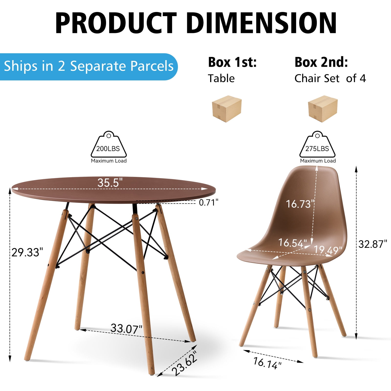 5 Piece 35.5'' Round Dining Table Set for 4, Kitchen Table & Chairs Set of 4, Mid-Century Modern Table W/ 4 Chairs for Home, Living Room, Apartment, Wood Legs, Metal Frame, Brown