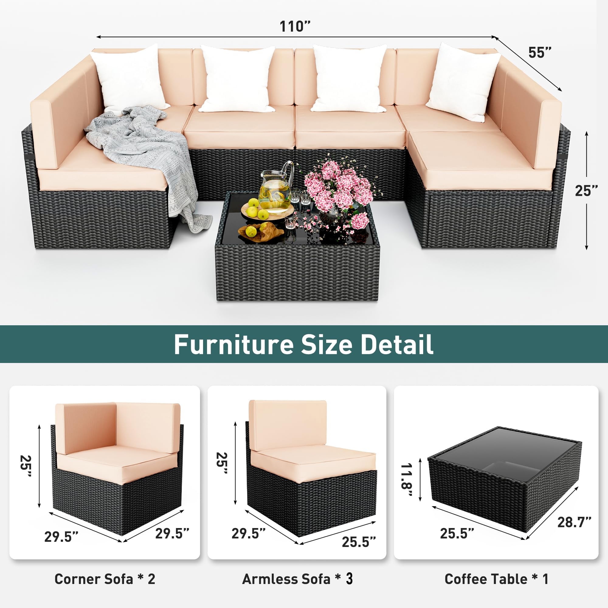 Tappio 6 Pieces Patio Furniture Set, All-Weather PE Rattan Sectional Sofa with Tempered Glass Coffee Table & Waterproof Cushions, Outdoor Modern Sectional Furniture for Garden Lawn Yard, Brown/Beige