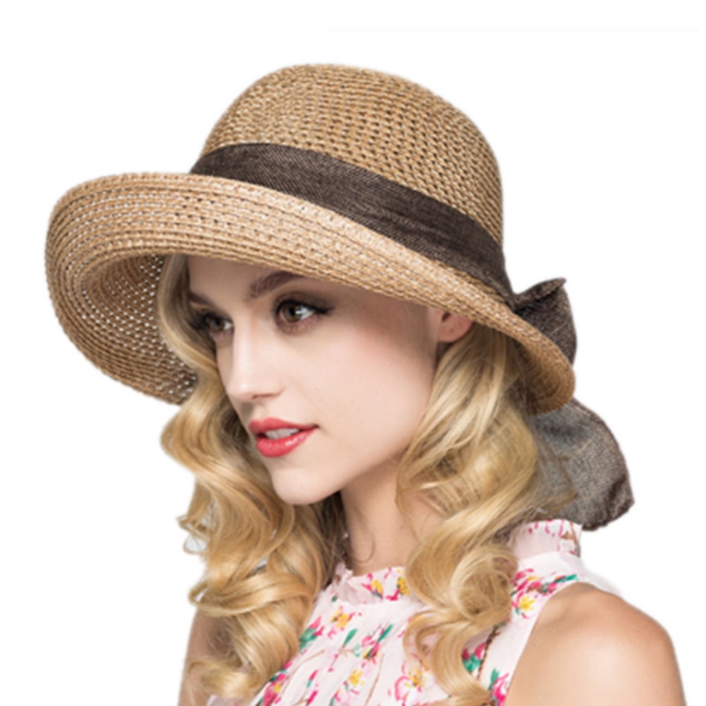 CapsA Wide Brim Straw Panama Roll up Hat for Women Fedora Beach Sun Hats Big Brim Straw Bow Hat