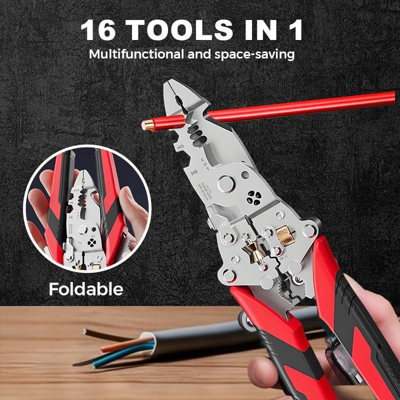 16-In-1 Foldable Stainless Steel Wire Stripper,16 in 1 Wire Stripper Twister,Multifunctional Wire Stripperd for Clamping, Side Shearing, Winding Electrician Pliers Tools