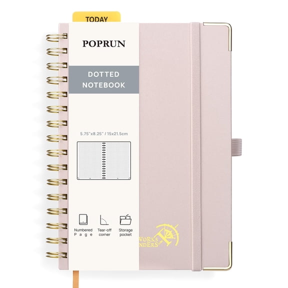 Spiral dotted journal notebook, A5 size 5.75 x 8.25 inches, 120 GSM thick paper no bleed, 141 numbered pages, hardcover with pocket, index tabs, 8 perforated sheets, pink