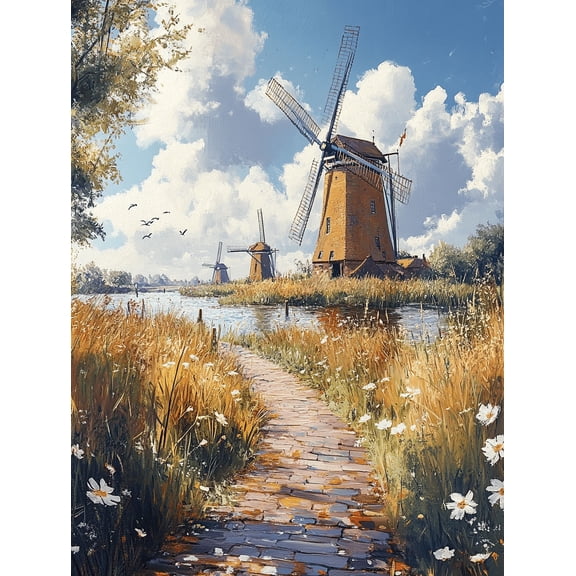 Dutch Windmill Landscape Canvas Painting, Suitable for Living Room,Hallway, and Farmhouse Decoration.
