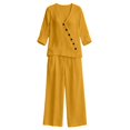 thumbnail image 3 of IWRICH Linen Sets for Women 2 Piece V-Neck 3/4 Sleeve Button down Top Wide Leg Pants Casual Summer Outfits Travel Yellow XL, 3 of 3
