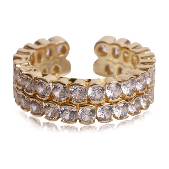 Jewels By Sunaina 18K Gold Plated Brass Cubic Zirconia Open Cuff Ring for Women – Adjustable Double Row Statement Ring