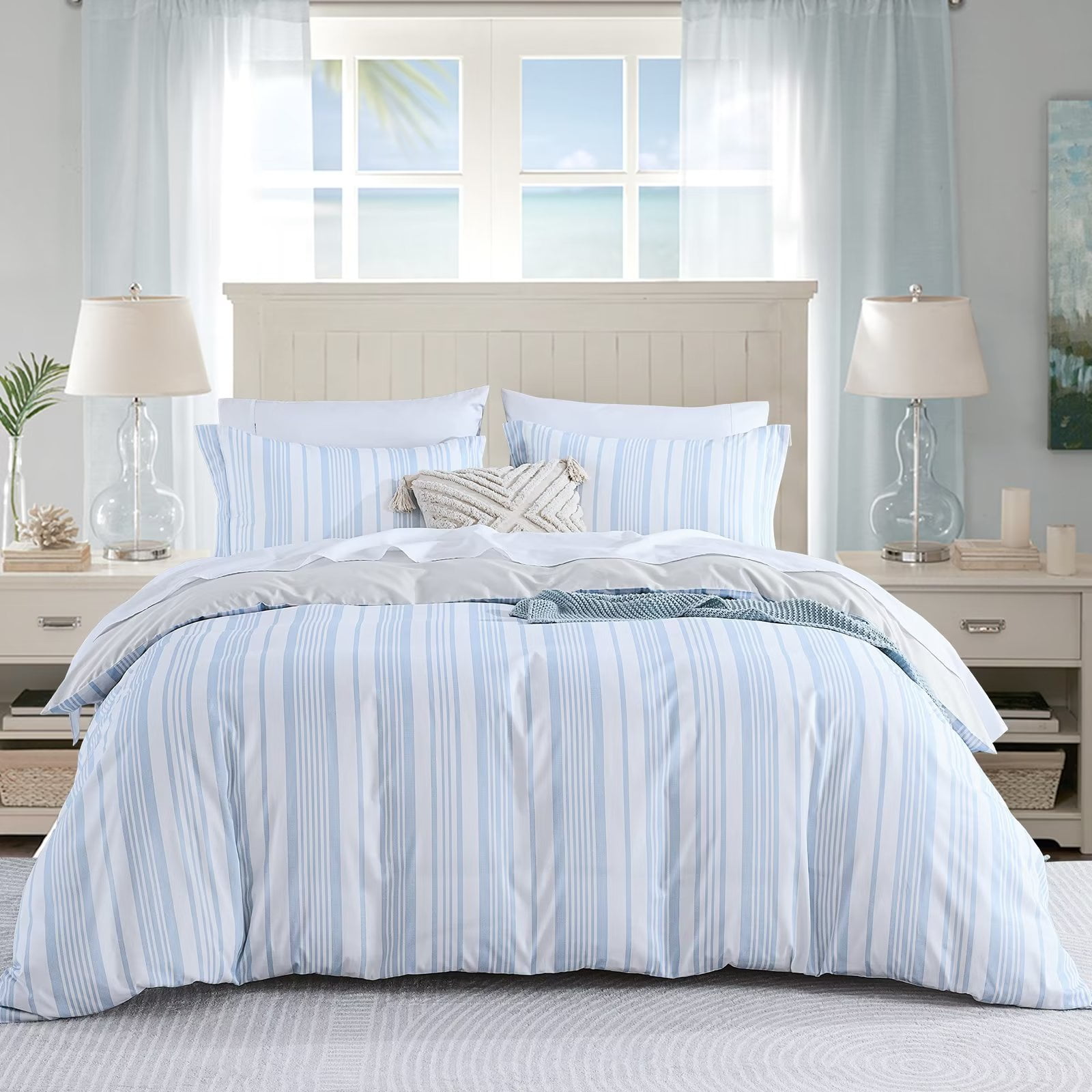 Bedduvit 100 Cotton King Size Duvet Cover Sets 3 Pieces Light Blue Striped Stylish Reversible