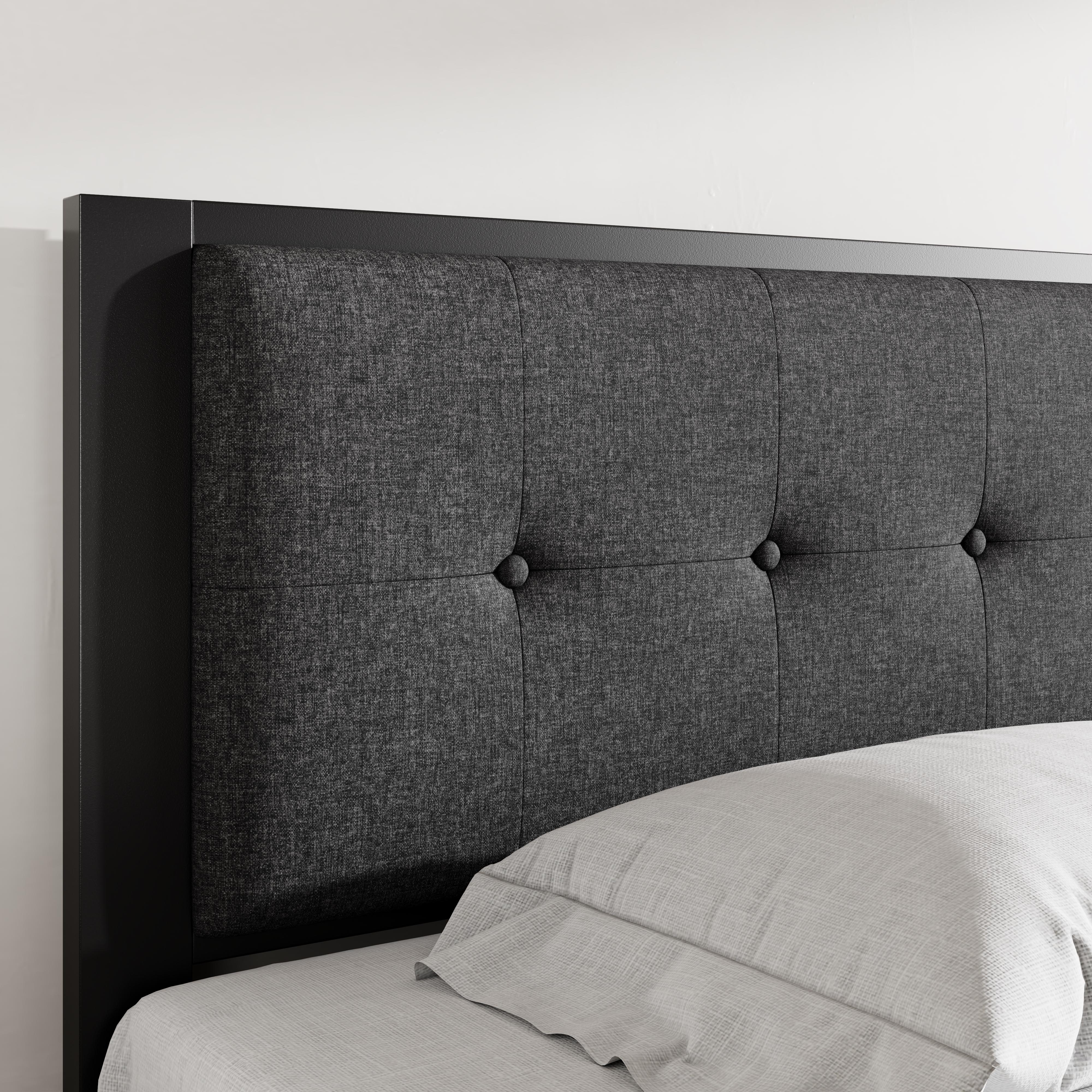 Allewie Twin Size Metal Platform Bed Frame with Linen Fabric Button Tufted Headboard, Under-Bed Storage, Grey