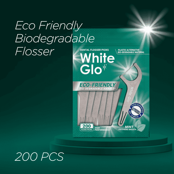 White Glo Eco-Friendly Dental Floss Picks 200-Count – Biodegradable Handle, Mint Flavored, Tear-Resistant Picks for Plaque & Debris Removal
