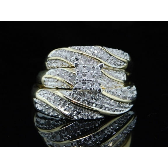Mens Ladies 14K Yellow Gold Diamond 3 Ring Trio Set Wedding Band 0.30 Ct.