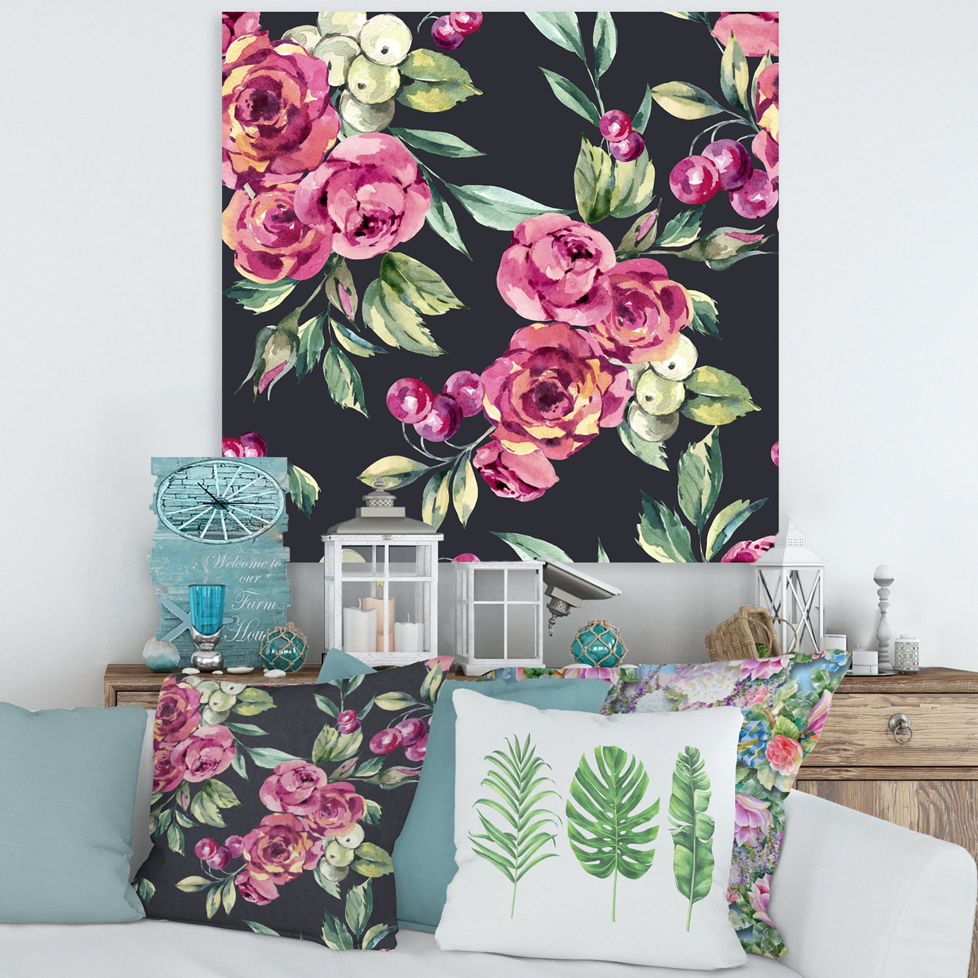 Designart ' Red VIntage Roses and Berries On Black Background ' Farmhouse Canvas Wall Art Print