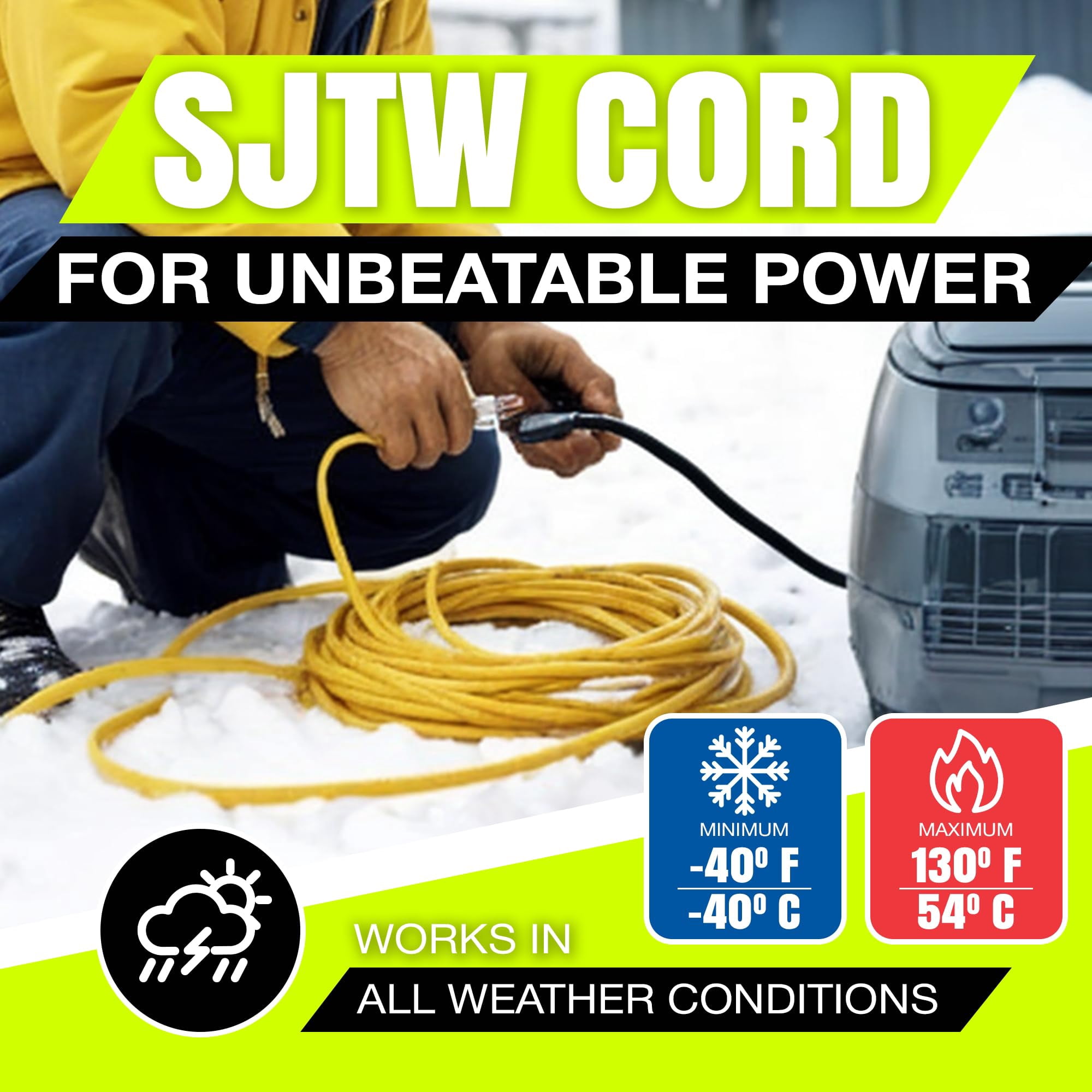 LifeSupplyUSA 50ft 10 Gauge Yellow 3 Outlets SJTW Heavy Duty Extension Cord