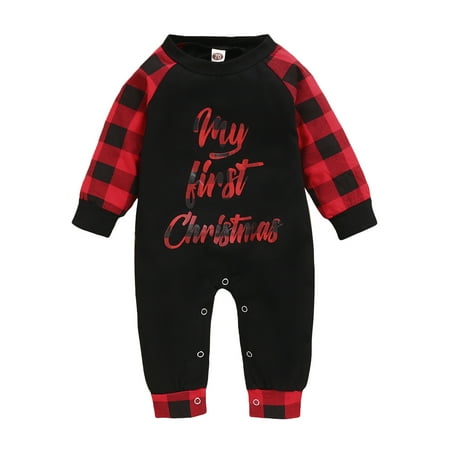 

KIMI BEAR Newborn Baby Boys Romper Outfits 6 Months Newborn Boys Fall Clothes 12 Months Boys Casual Christmas Pattern Printed Checked Long Sleeve Jumpsuits Black