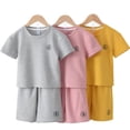 thumbnail image 3 of LYMAYTER Kids Boys Girls Cotton 2PCS Outfit Toddler Solid Color Short Sleeve T-Shirt Tracksuit Set for 4-11 Years, 3 of 9