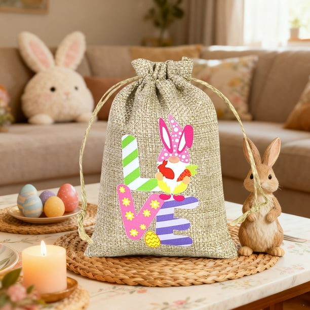 Decoraciones de Pascua, adornos de Pascua, regalos de Pascua, bolsa de regalo de Pascua, huevos de conejito, elementos de Pascua para niños, bolsa de dulces con cordón de lino, bolsa de tela para dulc
