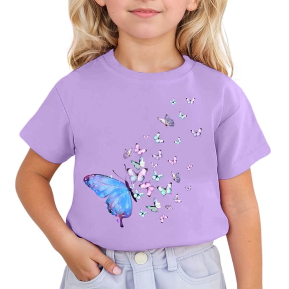 XAOFW Girl's T-Shirts Short Sleeve Crewneck Butterfly Printed Kids Cute Graphic T Shirts Daily Wear Relaxed Fit Tee Shirts Home Lounging Soft Breathable Infant Tops