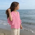 thumbnail image 7 of CQONEPT Linen Button Down Shirt for Girl 3/4 Length Ruffle Sleeve Tops Casual V Neck Cute Shirts Summer Vacation Blouses Pink 5 Years, 7 of 7