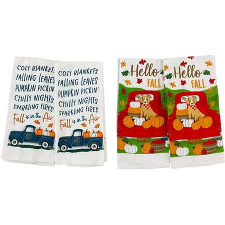 

Decorative Fall Kitchen Towels with Farm Truck Harvest and Dog Pet Theme Set of 4