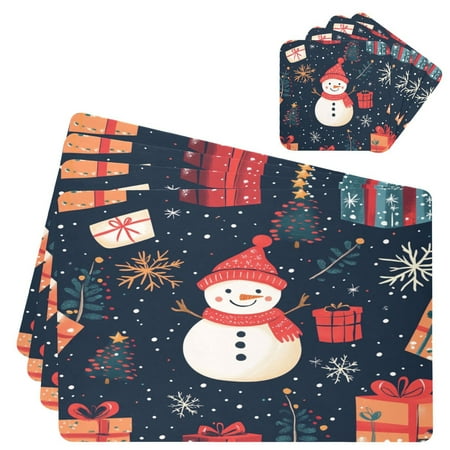 

Wobogo Illustration Of Christmas Snowman and Trees Placemats Coasters Set of 4 Heat-resistant Non-slip Easy to Clean Square Dinner Plate Mat