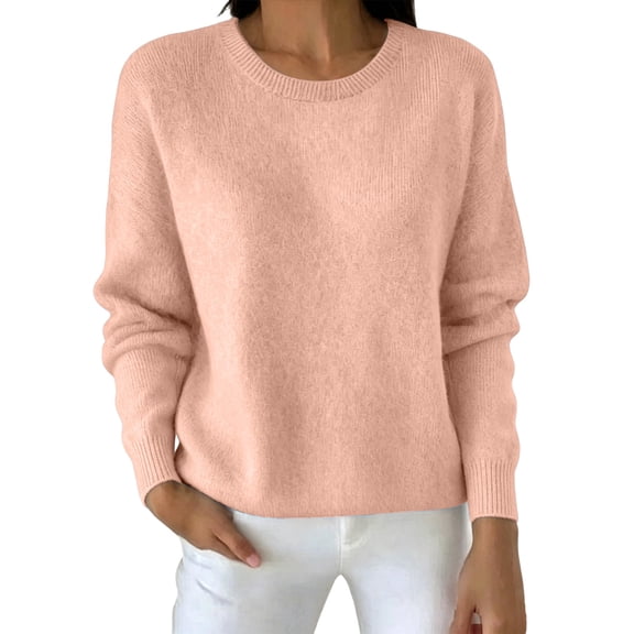 BELTNOV Women Solid Crew Neck Pullover Sweater Soft Knit Long Sleeve Tops Ribbed Cuffs Hem Loose Straight Warm Casual Winter Daily Outfit Pink