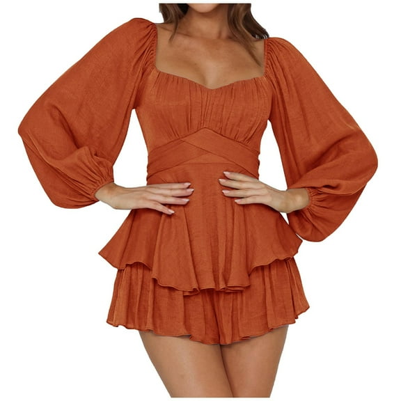 Patlollav Womens Solid Long Sleeve Ruffles Bandage Short Jumpsuits