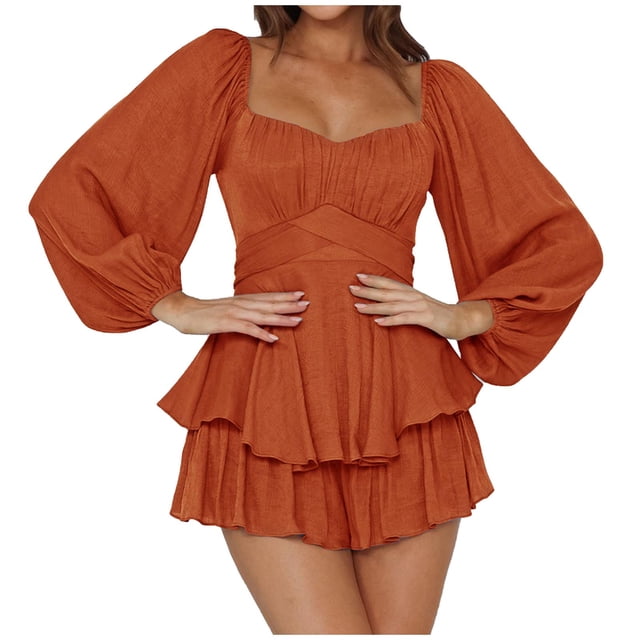 Moda mujer cuello cuadrado sólido manga larga volantes vendaje monos cortos Pompotops ulkah941175