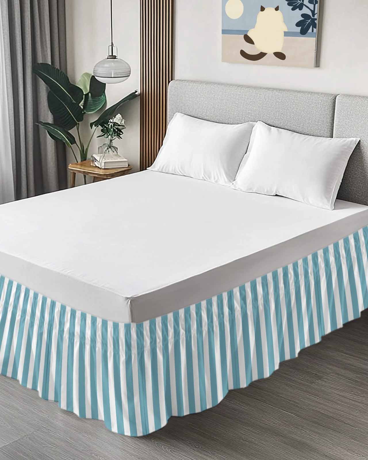 Aqua Striped Bed Skirt King Size, Modern Farmhouse Blue White Stripes Wrap Around Bed Skirting with Adjustable Elastic Strap, Dust Ruffled Pleated Bedskirts 18 Inch Drop for Bedroom King Beds