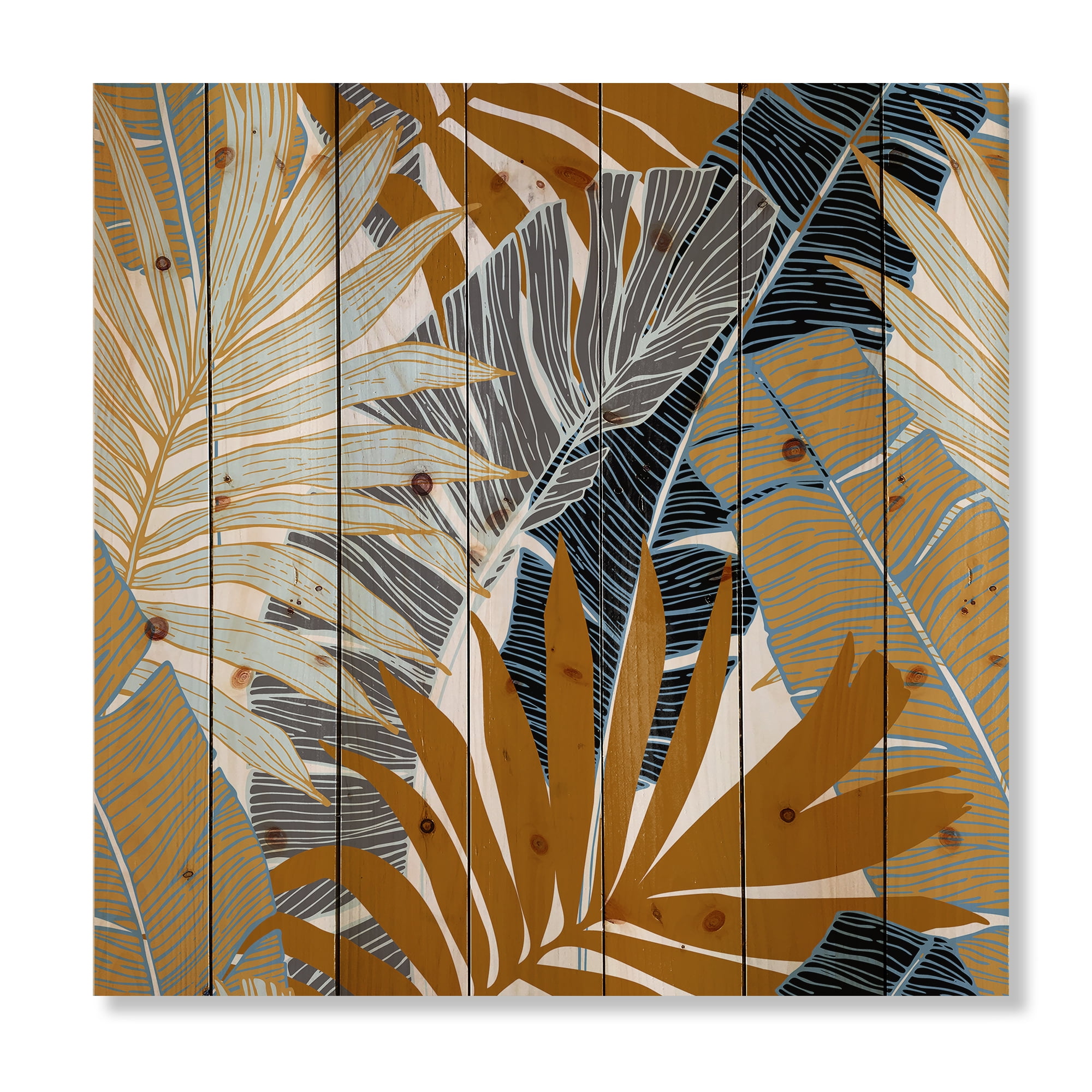 Designart 'Abstract Tropical Summer Banana Leaves and Palm Tree' Modern Print on Natural Pine Wood