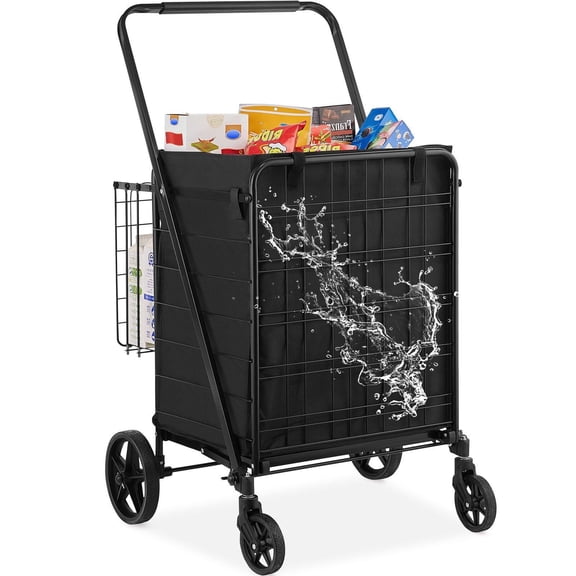 330 LBS Heavy Duty Folding Shopping Cart, Dual Basket Grocery Cart with Removable Waterproof Liner, 360° Swivel Wheels for Grocery Shopping, Laundry, Camping