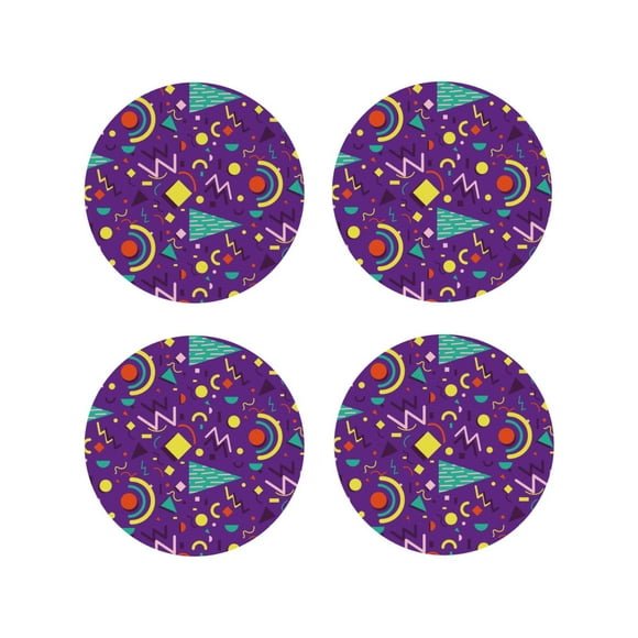 Vsdgher Retro 80s Style Print Leather Coasters for Drinks, Durable Drink Coasters 4 Set for Tabletop Protection, Luxurious Home Décor and Housewarming Gift-Round Shape